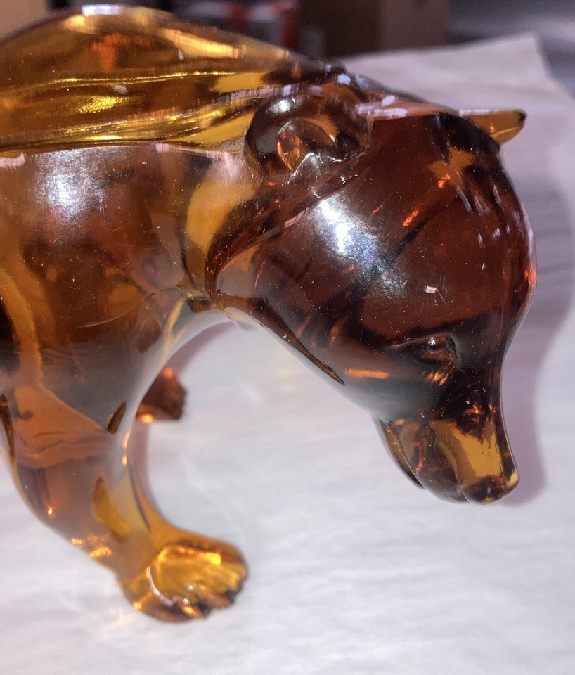 Rare 8” Cooperative Flint Glass Co. Amber Glass Covered Bear Candy