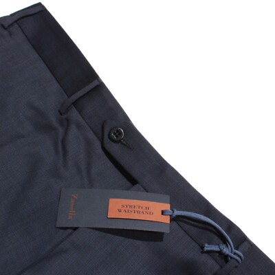 Zanella NWT Stretch Dress Pants Size 38 US Curtis In Subtle Blue Plaid 100% Wool