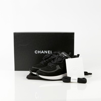 CHANEL Black Mesh Suede Trimmed CC Tennis Sneakers G38800 Size 