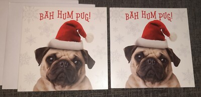 2x Christmas Greeting Cards, Bah Hum Pug Dog, Xmas glitter sparkle ...
