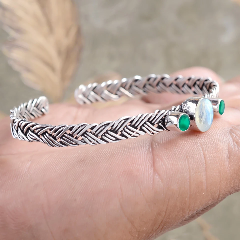 Подарочный браслет на день рождения из стерлингового серебра 925 пробы с радужным лунным камнем и зеленым ониксом - Изображение 3 из 4