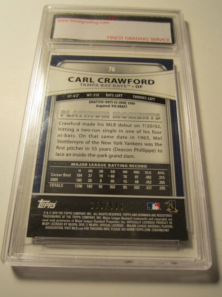2010 CARL CRAWFORD BOWMAN PLAT BASEBALL CARD #76 FGS GRADED GEM MINT 10 BBA13 - Image 2 of 2