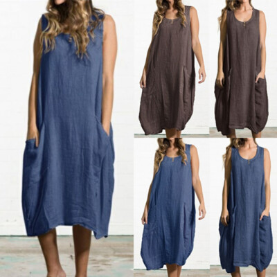 Italian Pocket Lagenlook Tulip Dress Linen Plain Plus Size Sleeveless Midi  Women | eBay