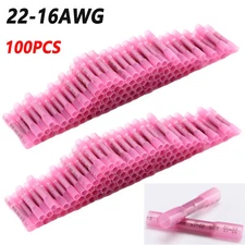 100Pcs 22-16AWG Red Heat Shrink Wire Butt Connectors Waterproof Splice Terminals