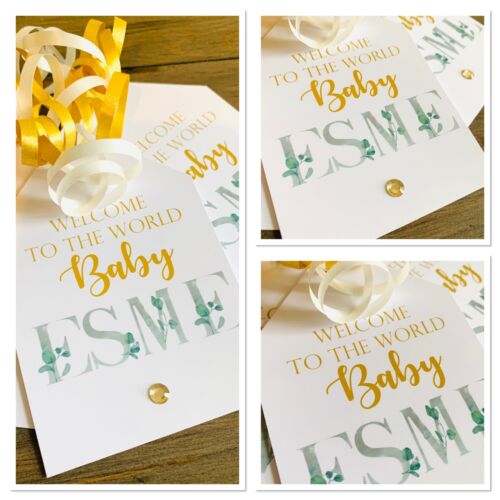 10 x Personalised Welcome To The World Gift Tags Gift Label Eucalyptus Themed - Picture 1 of 4