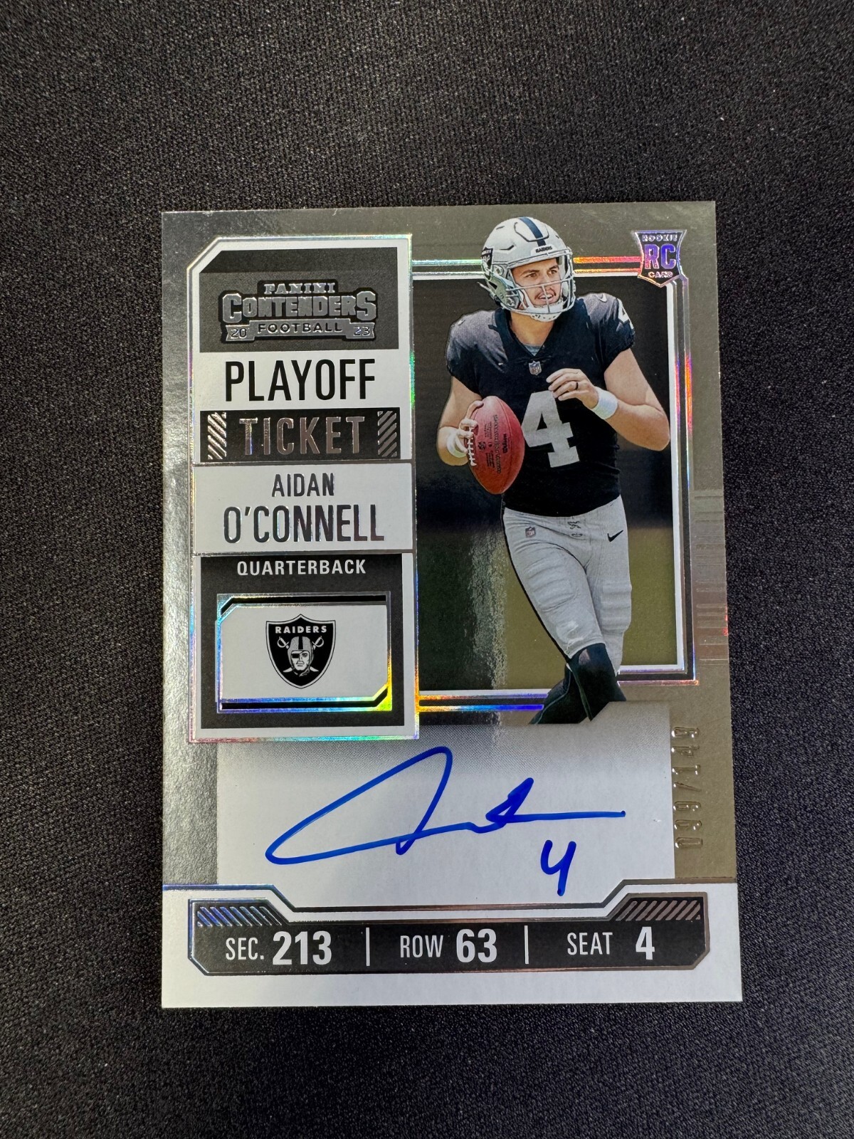 2023 Contenders Aidan O'Connell RC Rookie Auto Playoff Ticket #101 #d 099/149