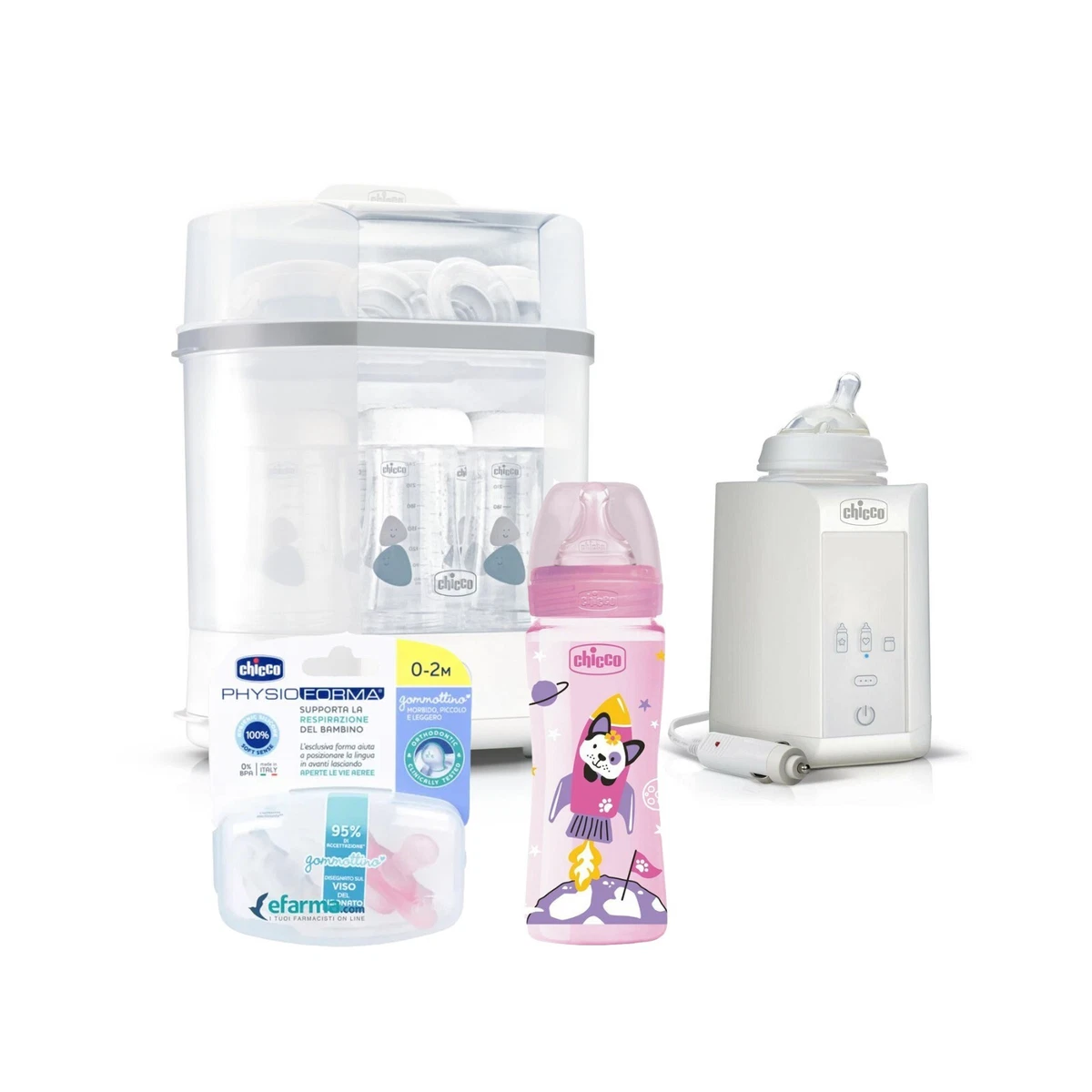 CHICCO Starter Kit Sterilizzatore + Scaldabiberon Casa-Auto +1 Biberon +2  Ciucci