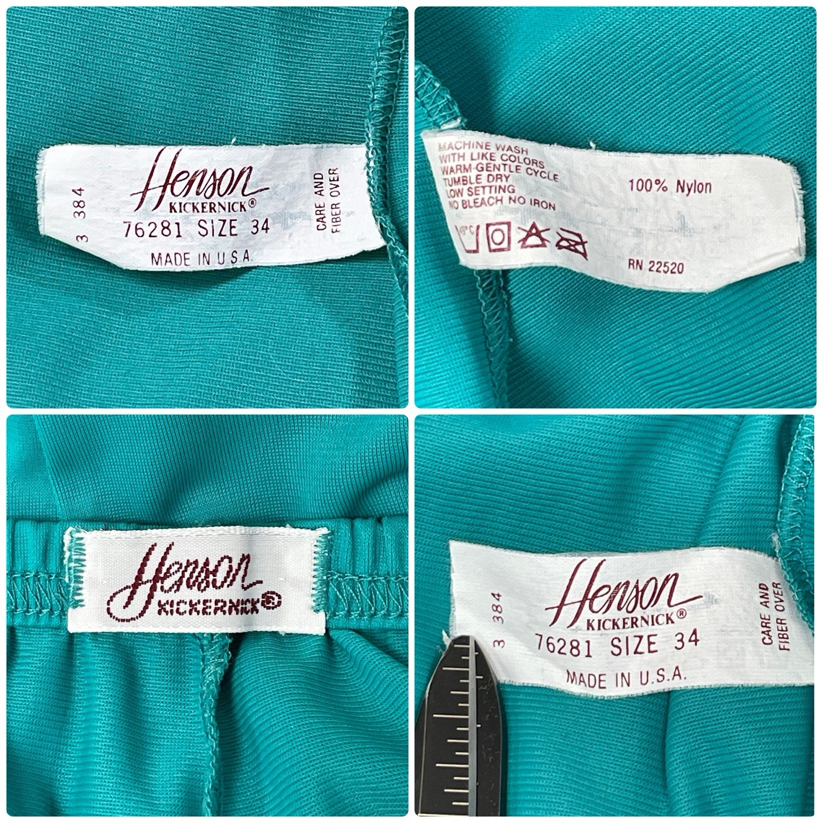 Henson Kickernick Vintage Nylon Satin Pajama Set Teal Green Size 34 Small