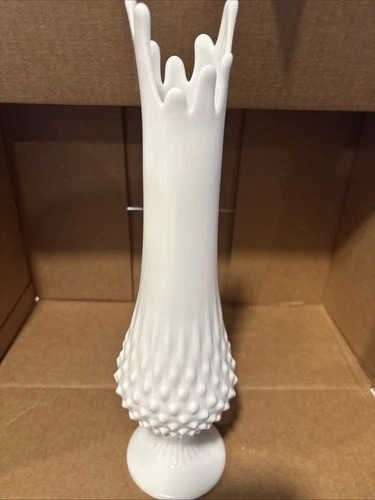 Vintage Fenton Stretch Swung Vase 13 " White Hobnail Milk Glass MCM