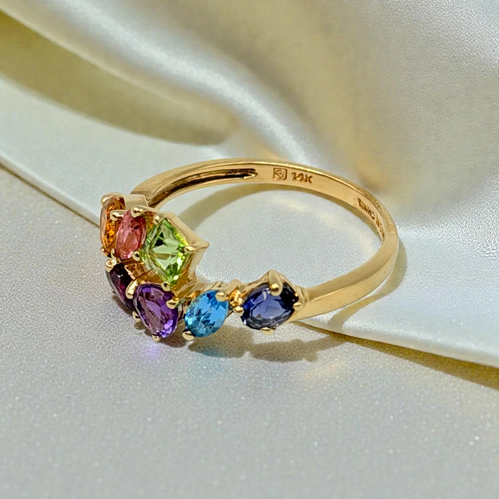 Solid 14K Yellow Gold Multi-Gemstone Ring with Em… - image 4