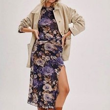 Free People Gianni Mesh Long Sleeve Floral Maxi Dress Purple XS NWT