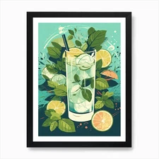 Mojito Cocktail Mid Century Modern  Framed Wall Art Poster Canvas Print Picture