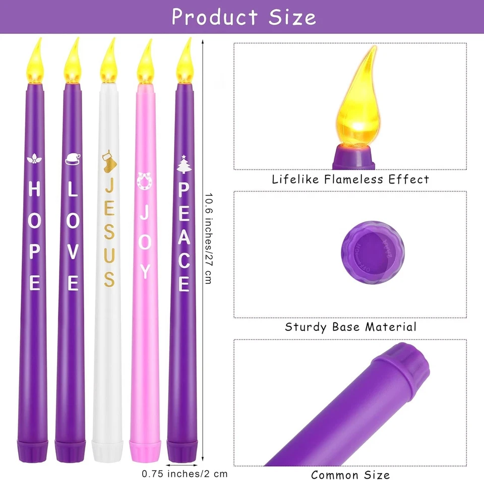 Paquete de 5 velas LED de Adviento con palabras esperanza paz amor alegría Jesús - cono sin llama Foto 2 de 4