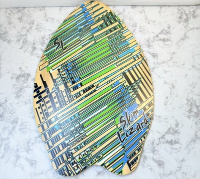Blue, Green and Black Abstract Stripe Wood  Skim Lizard Skimboard