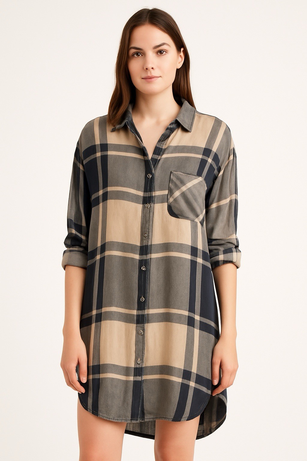Free People Women’s M Oversized Plaid Button Up Shirt Longline Tunic Blue Beige