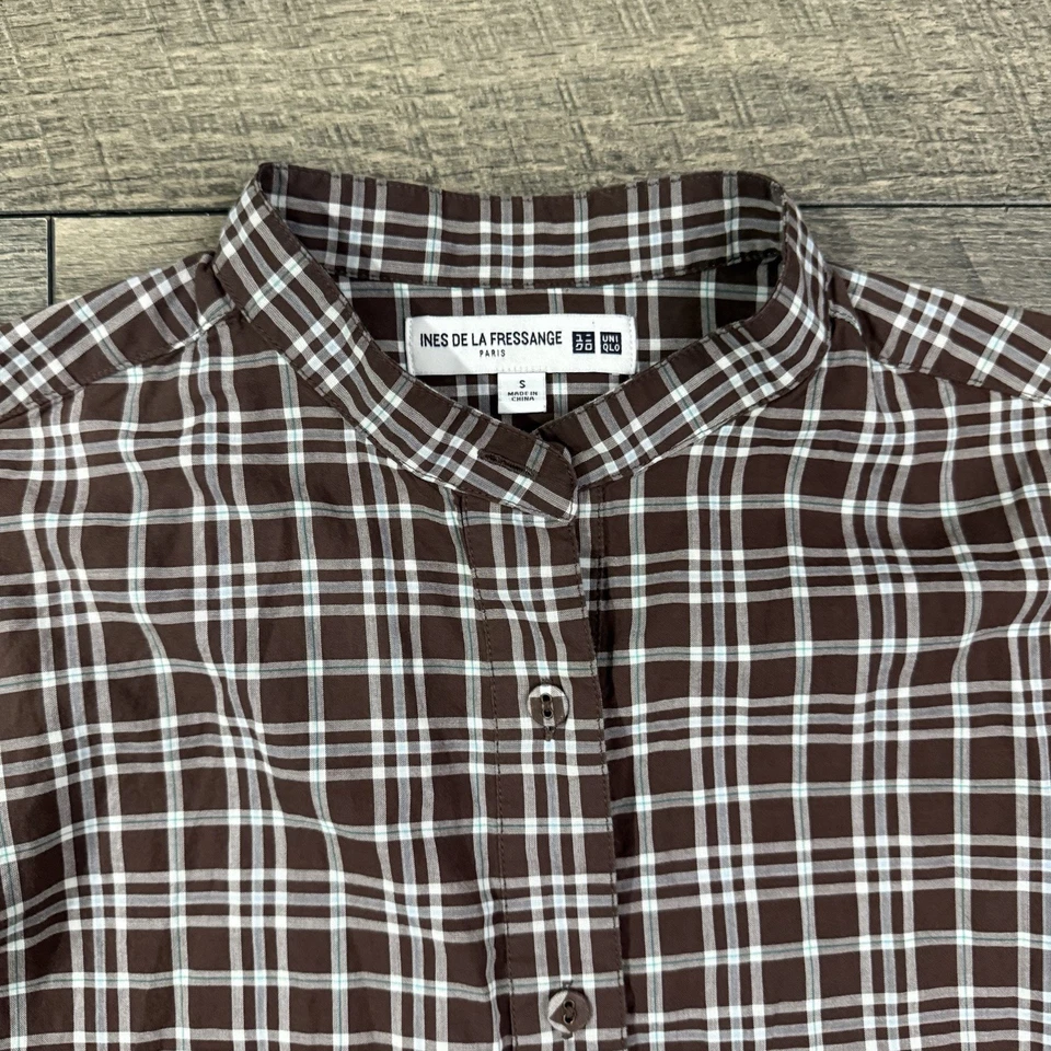 Camisa túnica larga a cuadros UNIQLO x Ines de la Fressange marrón a cuadros para mujer pequeña Foto 2 de 4