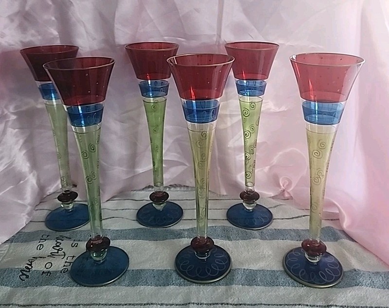 (6) Pier 1 Fluted Champagne Glasses Set Red Blue Yellow Gold Swirls Stemware Lot