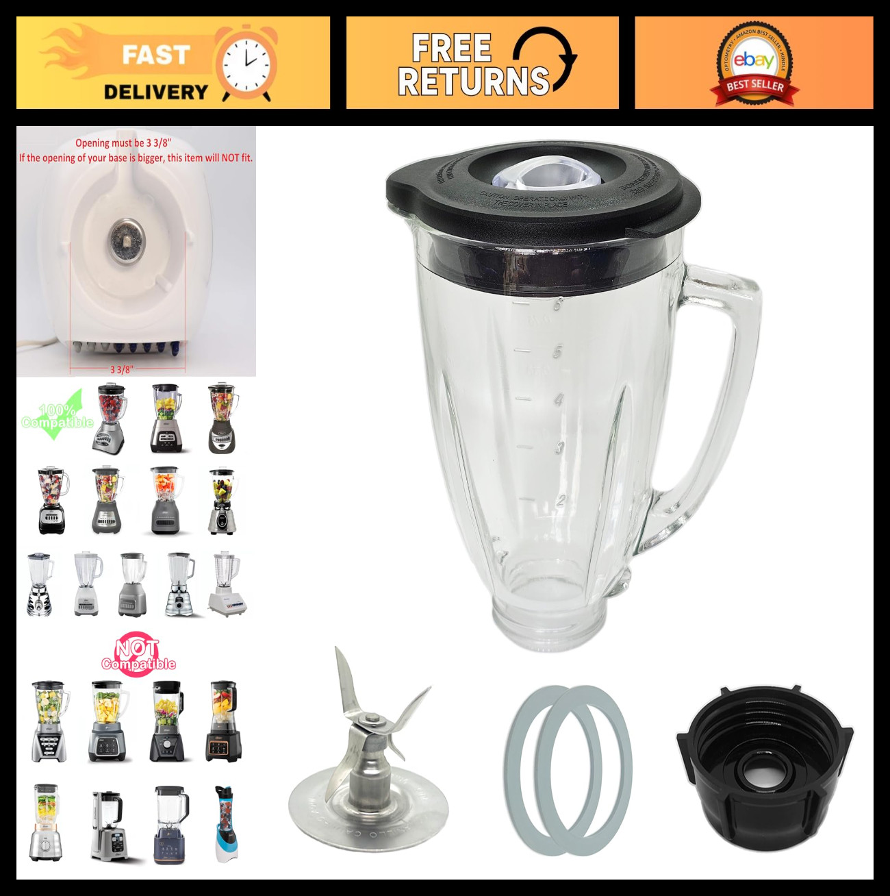 6 Cup Glass Blender Jar Replacement with Blade for Classic S