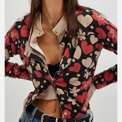 NWT!! FREE PEOPLE Nocturnal Patterned Cardi Black Retro Combo Hearts Floral XS