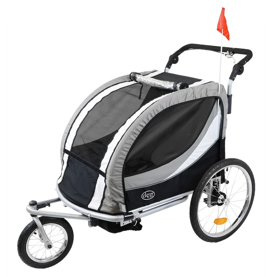 ClevrPlus Deluxe 3-in-1 Doppelsitz Fahrradanhänger Kinderwagen Jogger für Kinder, grau