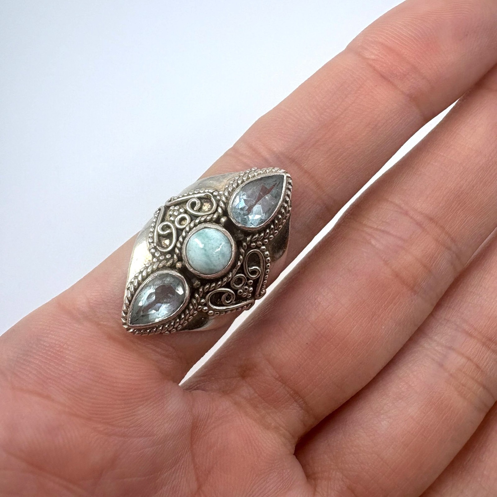 Larimar & Topaz Scroll Design Statement Ring VTG … - image 6