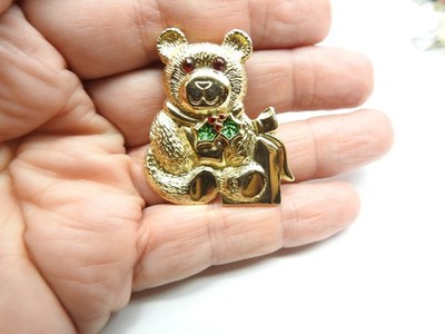 Signed Gerry's Red Green Enamel Rhinestone Christmas Bear Brooch Vintage