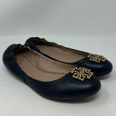 Tory Burch Melinda Ballet Flats Tumbled Leather Black Size 7.5 Gold Logo Shoes