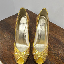 Stuart Weitzman Women  s Gold Sequin Peep Toe Stiletto Pumps 8M