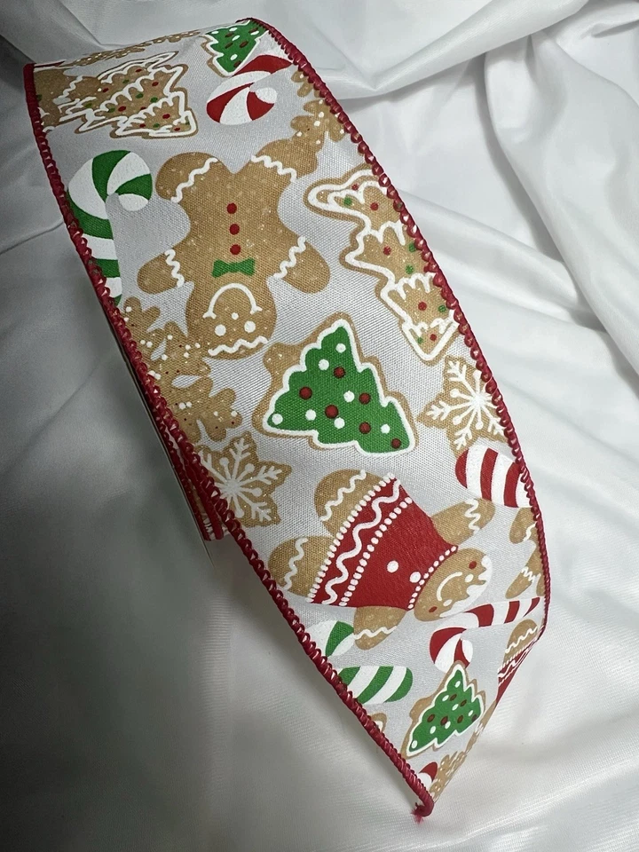 10 Yards 2.5 Inch Wired Ribbon Red White Tan Gingerbread Winter Christmas - Image 2 of 2