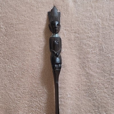  Antique Carved Wood Figurine Letter Opener, Dark  Wood  Silver-Tone Collar