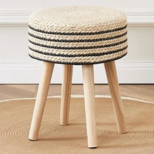 Round Ottoman Footstool Natural Seagrass Foot Stool Pouf Ottomans with Solid ...