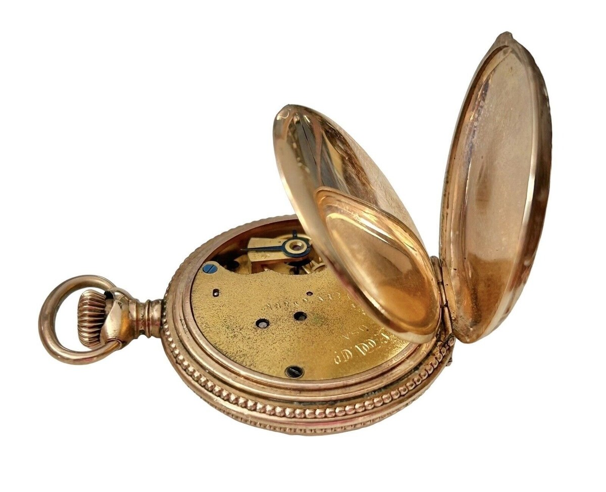 Antique 1898 10K Rose Gold Filled New England Co Cavour Pocket Watch Porcelain View 5