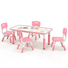 Kids Height Adjustable Table and 4 Chairs Set with Graffiti Desktop Pink