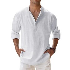 Men's Cotton Linen Henley Long Sleeve Shirt Casual Beach T-shirt Tee Summer Gift