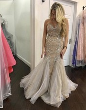 Size 10 Sherri Hill Strapless Beige Silver Embellished Mermaid Prom Dress