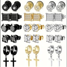 15 Pairs Stainless Steel Earrings for Men Inlaid stud Cross Dangle Hinged CZ