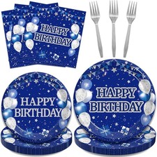 Kepeel Blue and Silver Birthday Party Tableware Set for 24