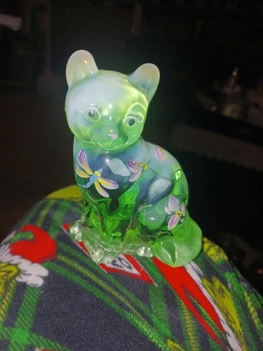 Fenton Glass Cat Figurine - Whispering Winds on Willow Green Opalescent