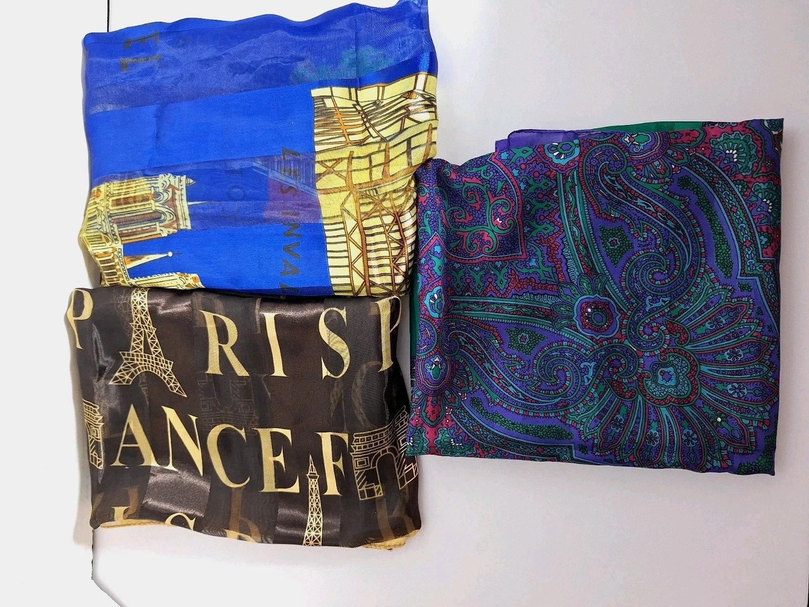Lot Of 3 Satin Fashion Scarves Large Paris Paisley London Old Money Classic Work