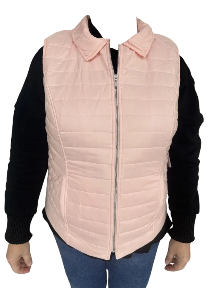Chicos NWT Everday 2in1 Pink Convertible Fur Neck Quilted Womens M L Puffer Vest - Image 2 of 4