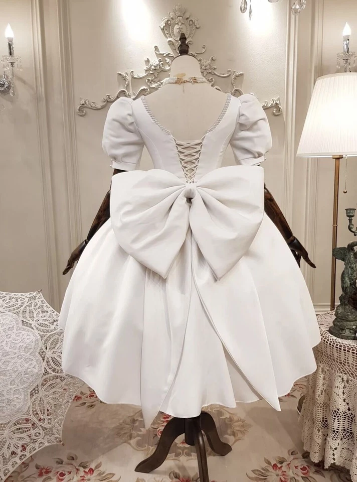 Short Wedding Dresses with Big Bow Princess Square Neck Puff Sleeves Bridal Gown - Image 3 of 4