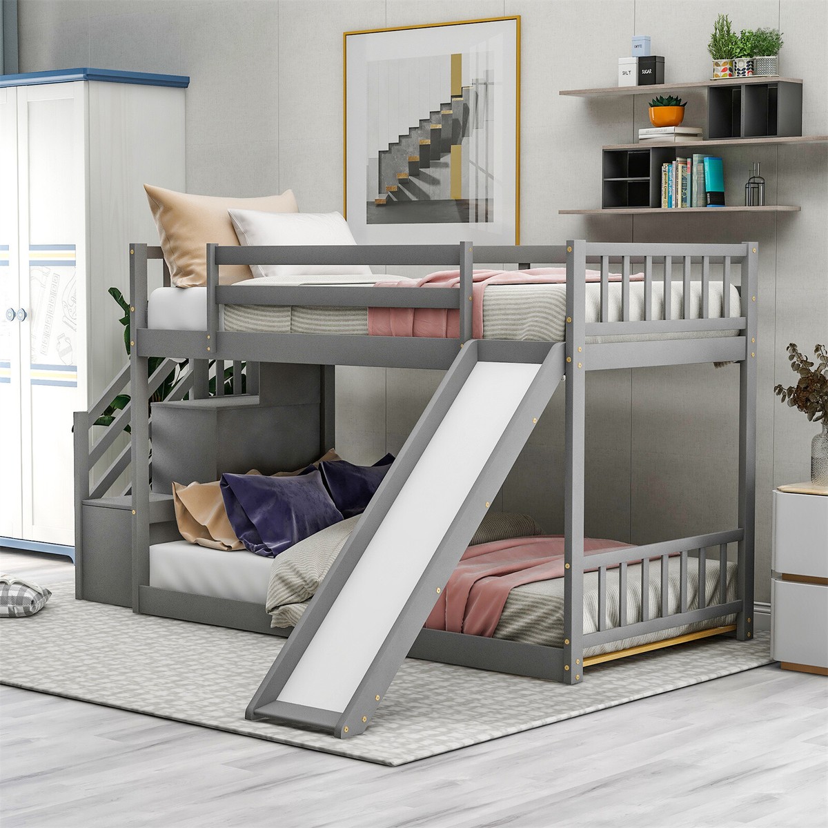 Twin Over Twin Size Bunk Bed with Convertible Slide and Stairs for
