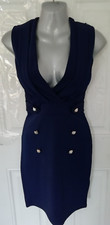 Quiz M Navy Blue Silver Button Stretchy Dress Bodycon Cup Support NEW B/Zip