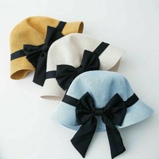 Damen Eimer Hut Stroh Bush Kappe Breite Krempe Retro Bowknot Sommer Sonnenschutz