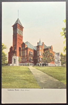 Spokane WA High School Vintage Early 1900s Red Brick Building Clock Tower
