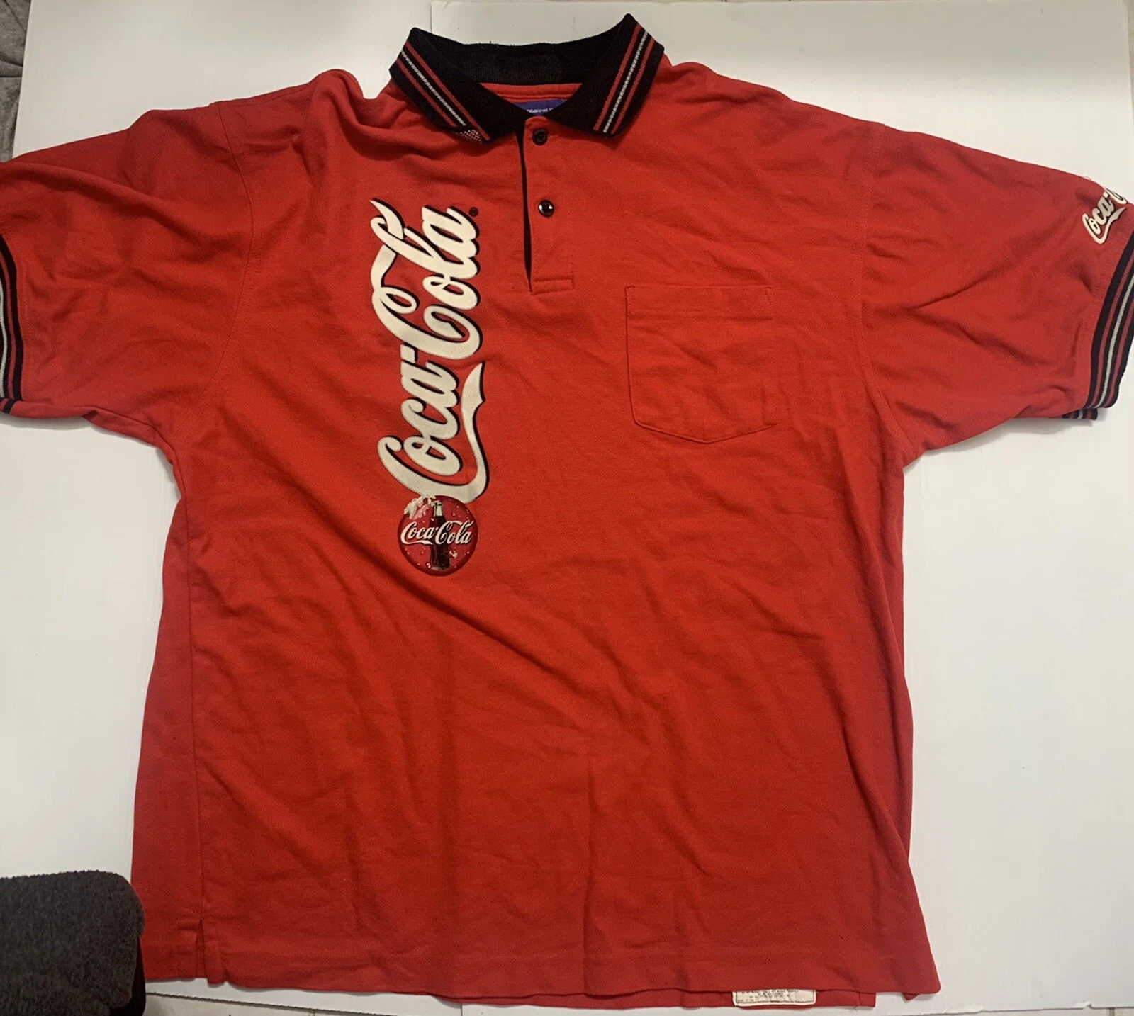 Coca Cola Collard Short Sleeve Polo Shirt Spellout Uniform Red And Black Mens L
