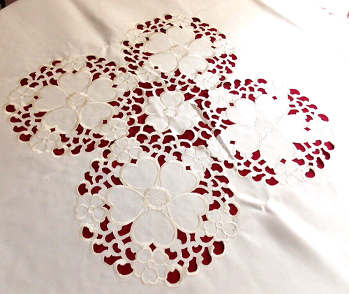 NAPPE BRODEE RONDE DE 170 POLYESTER EPAIS ECRU+ SERVIETTES PIVOINE*** - Picture 2 of 6