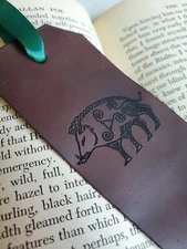 Celtic Boar Leather Bookmark, Free Engraved Personalization, Mens Bookmark