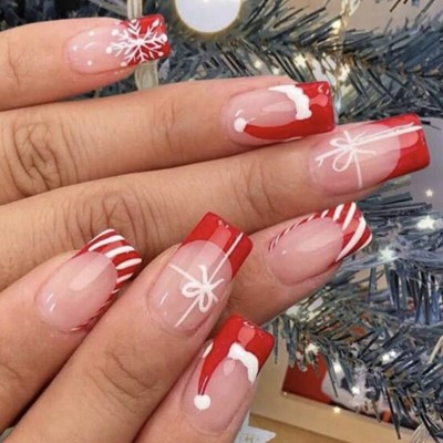 Christmas Press on Nails Square False Nails Snowflake Designs Art