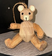 Vintage Wooden Hand Carved Jointed Teddy Bear Hand Painted Face Unique 6" Tall